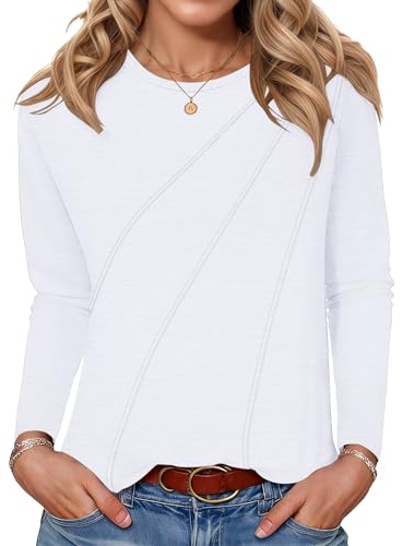 PLOKNRD Damen Langarm T-Shirt Rundhals Freizeit Oberteile Herbst Winter Dünne Sweatshirt Elegant Blusen Weiß L
