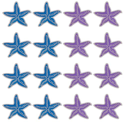 FINGERINSPIRE 16 Stück Seestern Stickerei Aufnäher 73.5x77mm Pentagramm Zum Aufbügeln Auf Stoff Applikation Pflaumen Und Stahlblau Seestern Nähflicken Kleidungsreparatur Dekor Flicken Für Rucksack