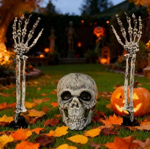 FAINCA 3 Pièces Squelette Halloween Taille Réelle Réglable Decoration Halloween Squelette Réaliste Tête Crâne et Bras Crâne pour Décorations Fête pour Jardin École Maison Hantée Salle Classe
