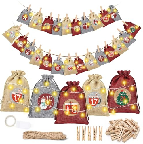 woric Adventskalender zum Befüllen, 24 Jutesäckchen mit Klammern Lichterkette Weihnachtskalender zum Befüllen Groß Adventskalender 2025 Säckchen Weihnachten(Rot&Grau&Khaki)