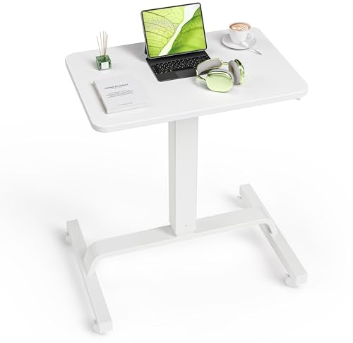 WALKINGDESK Höhenverstellbar Schreibtisch mit 4 Rollen, 60 x 40 cm | Mobiler Stehtisch, Stehpult, Laptoptisch höhenverstellbarer, Pneumatisch Beistelltisch für Sofa Bett Wohnzimme, Weiß