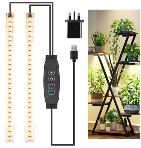 8.6'' LED Grow Light Strips, Full Spectrum 3500K Grow Lights for Indoor Plants, 2 Head with 3/9/12H Timer, 10 Dimmable Levels, Suitable for Seedling, Succulent, Plant Shelf and Greenhouse, 1-Pack