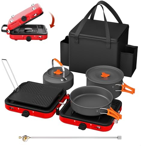 Denmay Foldable Double Camping Stove, 2 Burner Propane Stove with Carry Bag, 20000 BTU High Power, Includes Frying Pan, Pot, Kettle & Grill Plate, Portable for Outdoor Camping, BBQ, Picnic (Red)