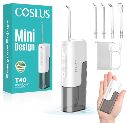 COSLUS T40 Mini Elektrische Munddusche für Unterwegs: 4 Modi Kompaktes Design Abnehmbarer Wassertank für einfache Reinigung, Tragbarer Dental Irrigator für Zahnzwischenraum Reinigung & Travel Weiß