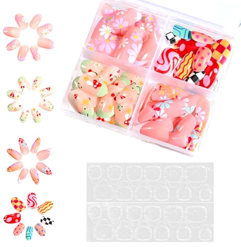96 Pcs Kids Stick on Nails, Cute Fake Nails for Kids with Jelly Glue, Pink Cartoon Press on Nails with Flowers Stars Cherries Patterns, Full Cover False Nail for Girls and Women DIY Manicure