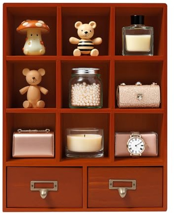 ClearFragrans Setzkasten Vitrine 9 Würfel, Holzregal Bücherregal, Standregal Würfelregal, 9 Würfel Holz Display Regal mit 2 Schubladen, Schreibtisch Organizer, 33,3x10x42,5, Braun