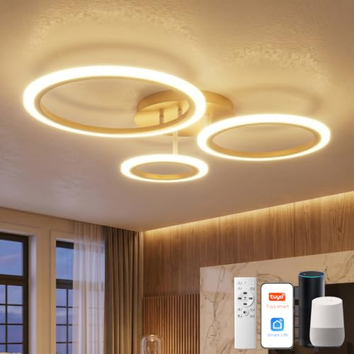 YUNLONG Smart LED Deckenleuchte Dimmbar, 3-Ring Deckenlampe (59x45cm, 19W, 1900lm), WiFi App & Alexa Sprachsteuerung, CCT 3000K-6500K, Moderne Schlafzimmerlampe mit Memory-Funktion & Timer, Gold