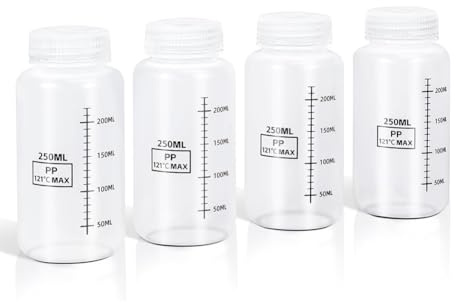 Buhdjfnke Bottiglie di Plastica Riutilizzabili 4 Pezzi con Tappi Ermetici da 8 Oz/250 Ml, Contenitori per Liquidi A Bocca Larga, Design Graduato in PP