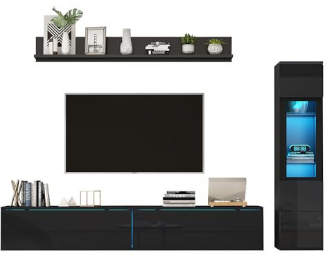 Lot de 3 meubles de salon avec éclairage LED, noir brillant, meuble de salon pour TV jusqu'à 200 cm, meuble mural moderne avec vitrine et étagère suspendue, portes hydrauliques, contrôle par