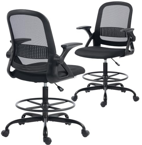 HOMCOM Drafting Chair Tall Office Desk Chair with Flip-up Armrests Black | Adjustable Height, Footrest, Lumbar Support, for Standing Desk, Home Office Use