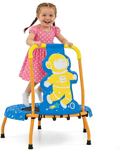 GYMAX Trampolino per Bambini 71cm con Maniglia, Tappetino di Sicurezza Senza Spazi e Maniglia in Schiuma, Trampolino Piccolo da Interno per Bambini 3+ Anni, Portata 80 Kg (Blu)