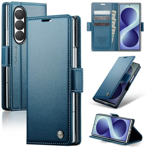 Idhiem for Samsung Galaxy Z Fold 8 Ultra Flip Case, PU Leather Wallet Cover with RFID Blocking, Magnetic Closure Card Holder and Kickstand, Shockproof Protective Case- Blue