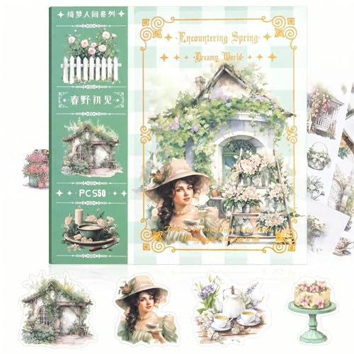 Stickerbuch, Scrapbook Stickers 50 Blatt, Journaling Zubehör, Washi Sticker Set – Vintage Sticker für Erwachsene (Grün)