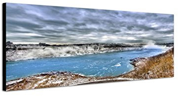 Augenblicke Wandbilder Keilrahmenbild Wandbild 150x50cm Niagara Wasserfall Wolken Winter