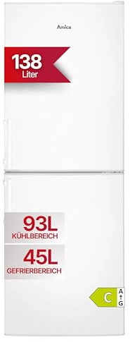 Amica Kühl-Gefrierkombination 138 L 148x52x59 cm KGC 384 110 W | 93 L Kühlteil, 45 L Gefrierteil, Automatische Abtauung, LED Beleuchtung, Gemüseschublade, 3 Gefrierschubladen