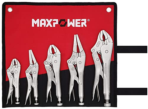 MAXPOWER 5-Piece Locking Pliers Set, Long Nose Pliers 9 Inch and 6 Inch, Curved Jaw Locking Plier 10 Inch 7 Inch and 5-Inch (Kitbag Included)