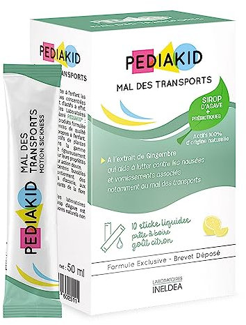 PEDIAKID - Mal des Transports - Complément Alimentaire aux extraits de plantes & fibres - Aide à lutter contre les nausées/vomissements - Sirop d'Agave + Prébiotiques - 10 sticks prêts à boire