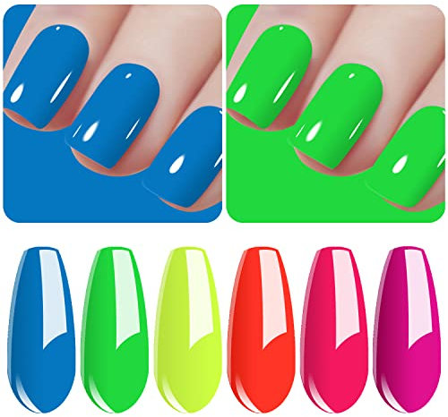 Vishine - Esmalte de uñas de gel semipermanente, 6 colores neón, amarillo, rojo, rosa, azul, verde, esmalte de uñas de gel UV o LED, juego de colores de esmalte de uñas para regalo