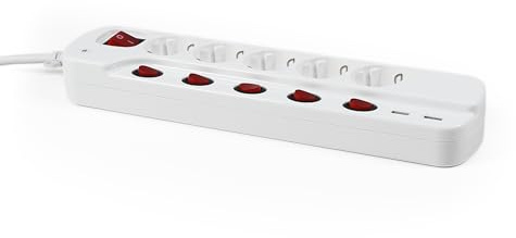 McPower Regleta con conexión Individual | 5 enchufes | Regleta múltiple con 2 x regletas USB, Cable de 1,5 m