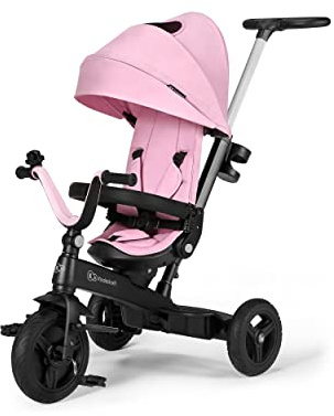 Kinderkraft Trehjuling TWIPPER, babycykel med tryckstång, 360° vridbar sits, med sufflett, 5-punkts säkerhetsbälten, fotstöd, tillbehör, ringklockan, mugghållare, från 9 månader till 5 år, rosa