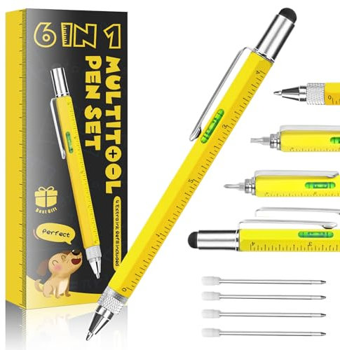 Regalos novedosos 6 en 1 bolígrafos para hombres, bolígrafo multiherramientas, EDC gadget único como Navidad, día de San Valentín, día del padre, regalos de cumpleaños para papá, novios (amarillo)