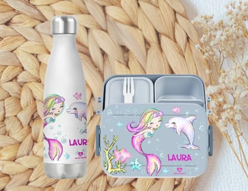 wolga-kreativ Personalisiertes Set Mepal Brotdose und Trinkflasche Meerjungfrau Delfin für Mädchen - Bento Lunchbox mit Fächern und Unterteilung Geschenk Schule Kindergarten