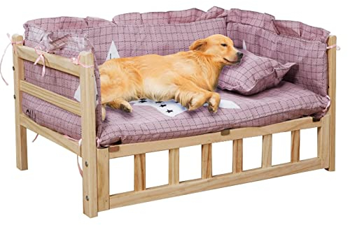 Dog Bed Hundebett Rosa Erhöhtes Hundebett mit Kissenmatratze ＆ Zaun, Hundehütte aus Holz für Orthopädische Reliefs, für Mittlere/Große/Ältere Hunde, Einfache Montage (Size : M-74x49x38cm/29x19x15)