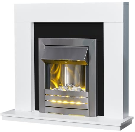 Adam Malmo Fireplace in White & Black/White with Helios Electric Fire in Brushed Steel, 39 Inch