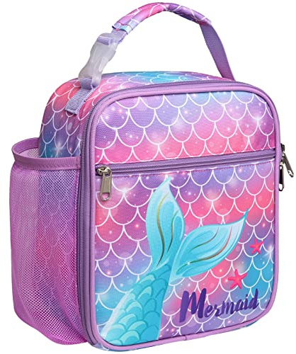 Bagseri Girls Lunch Bag - Insulated School Lunch Box with Bottle Holder, Portable Reusable Thermal Cooler Tote for Nursery, 6L Capacity, Pink Purple Mermaid