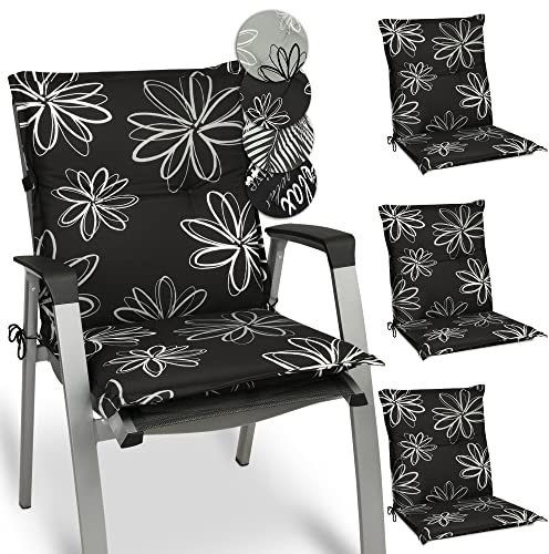 Beautissu Flores Niedriglehner Auflagen 4er Set für Gartenstühle – Sitzpolster 100x50 cm Gartenstuhlauflage Niederlehner UV-Lichtecht – Sitzkissen Outdoor in schwarz mit Blumen