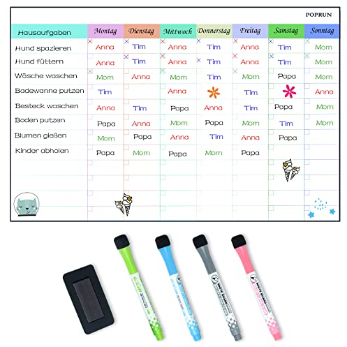POPRUN Magnetisch Familie Haushaltsplaner, Wochenplan und Putzplan, Magnettafel Kühlschrank,Aufgabenplan für Haushalt,2 Monatsplaner,Terminplaner wiederverwendbar, 43×28 cm auf Deutsch