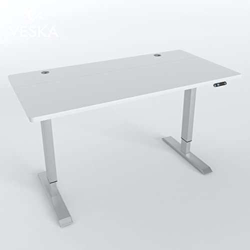 VESKA Höhenverstellbarer Schreibtisch (140 x 70 cm) - Sitz- & Stehpult - Bürotisch Elektrisch Höhenverstellbar mit Touchscreen & Stahlfüßen (Silber/Weiß)
