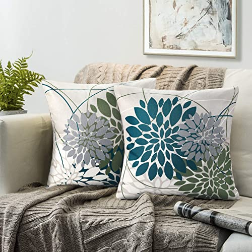 Sofakissen Bezug Blau Grün Deko Kissenbezug 45x45 Sofakissen Set Grau Couchkissen Bezüge Sommer Herbst Beidseitig Drucken Blumen-dekorativ Kissenbezug Für Draussen Drinnen Möbel Dekor, 2er Pack