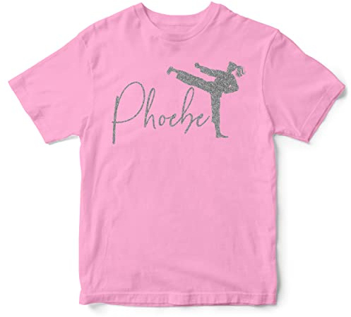 Silver Glitter Personalised Girls Karate T Shirt, Custom Martial Arts Girls Tshirt, Christmas and Birthday Gifts for Daughter who go to the School Karate Class, 7-8 Years, Light Pink