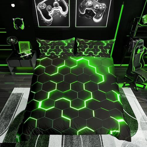 Homewish Geometric Duvet Cover King Size,Teen Boys Green Black Neon Light Honeycomb Bedding Sets, Hexagon Comforter Cover Modern Fashion Bedspread Cover 2 Pillow Cases Room Decor