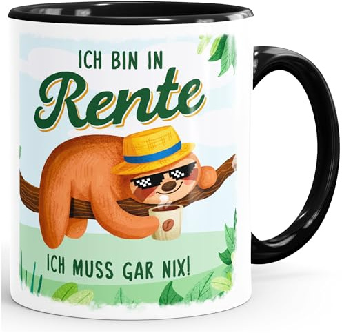 MoonWorks® Kaffee-Tasse Rentner Spruch Ich bin in Rente Ich muss gar nix! lustiges Geschenk zur Rente Ruhestand Weiss-innen-schwarz standard