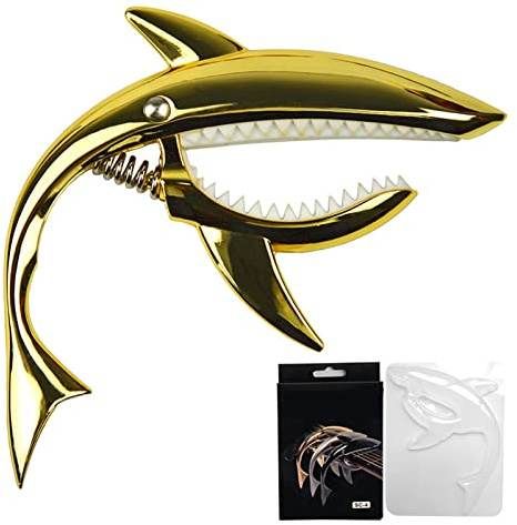 Shark Gitarren-Kapodaster, Zinklegierung Gitarren-Kapodaster Shark Ziemlich Cooles Kapodaster, Tonclip, elastisch, weich, für Akustikgitarre, Ukulele, Mandoline, Banjo, Gold