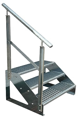 Kaminbau Mierzwa Premium Treppe Freistehend 3 Stufen Geländer Links (Breite 600 mm) (Höhe 57cm) Wetterfest Gitterroststufe Gartentreppe