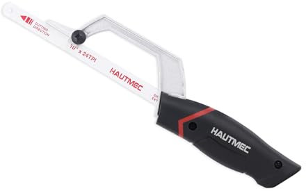 HAUTMEC Junior Hacksaw, Mini Hack Metal Saw, Compact Handsaw with 250mm Bi-Metal HSS Blade, Tool-Free Replace Blade & Cutting Guide Design, Especially Cuts in Tight Hard-Reach Spaces, HT0309