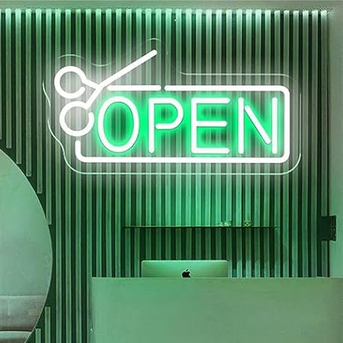 SHANJIA Letrero de neón luminoso con tijeras y logotipo luminoso colgado en la pared, tienda de regalos de peluquería comercial USB para la decoración de peluquerías (40 * 28,87 cm, Verde)