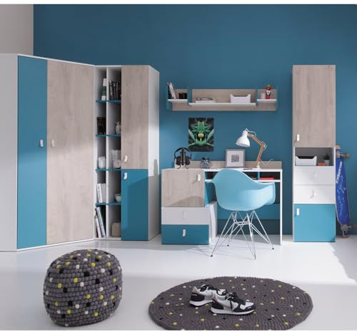 Lomadox Jugendzimmer Set 5-teilig mit Eckkleiderschrank, 2 Regalschränke, Wandboard, Schreibtisch in weiß/braun/blau Modern