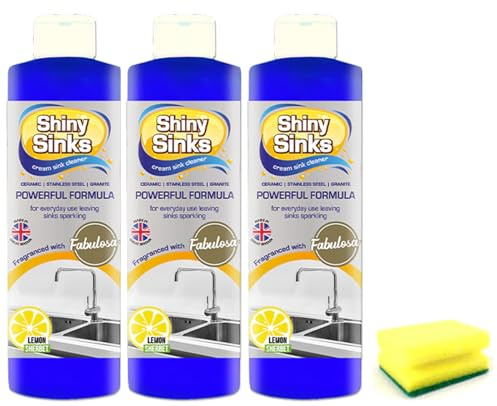 Shine Sinks Lemon Sherbet (3 X 250 ml), a Superb Cream Cleaner for use on Ceramics, Sinks and Basins with Degreaser Sponge