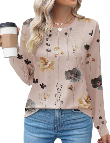 Rapbin Long Sleeve Shirts for Women UK Casual Crew Neck Going Out Blouses Fashion Pleated Tee Clothes 2024,Floral,S