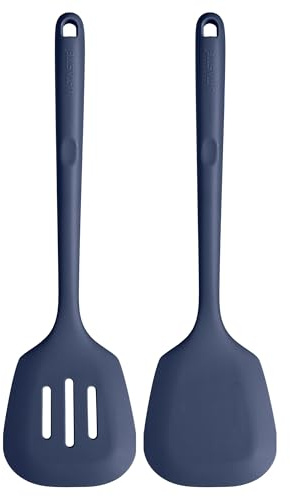 U-Taste Long Silicone Turners Set of 2, 315℃ Heat Resistant, Midnight Blue | 34.5 cm, Solid & Slotted Kitchen Spatula, Non Stick Flexible Rubber Cooking Flipper for Frying, Flipping Eggs, Fish, Pancake