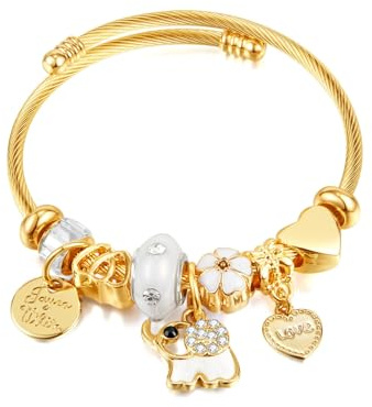 ATE Bracelet à Charms en Acier Inoxydable Plaqué Or Bracelet Ouvert avec Perles et Charms Style Vif B212-5