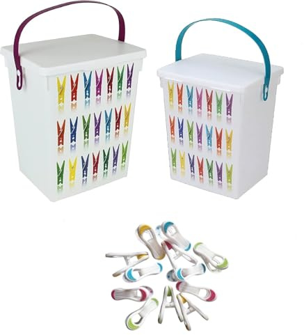 eMKay® Plastic 5Lt Peg Design Pegs Storage Box Container Caddy with Lid (Turquoise Colour Handle OR Purple Colour Handle - ONE RANDOM SUPPLIED - With 12 SOFT GRIP PEGS INCLUDED)
