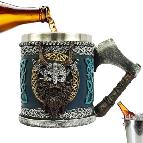 Yabauuop Gothic Beer Mug-Stainless Steel Horn Skull Beer Cup|vik-ing Beer Mug | Vik-ing Drinking Mug| Vik-ing Skull Mug Tankard | Rune Mug |Medieval Beer Stein Mug for Coffee/Beverage/Juice