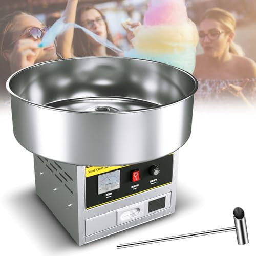 Máquina Comercial para Hacer algodón de azúcar, máquina eléctrica para Hacer Hilo Dental con Recipiente de Acero Inoxidable, Cuchara para azúcar y cajón de Almacenamiento Grande (Plateada)