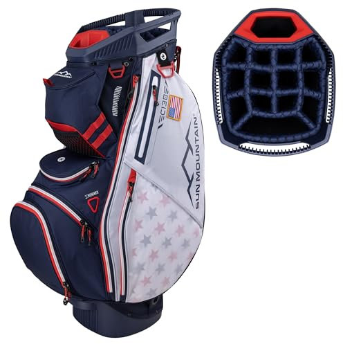 Sun Mountain Herren C130 Leichte Golftasche 14-Wege-Top – 11 Taschen, Smart-Dual-Riemen-System, Push-Elektro-Reitwagen kompatible Kompressionsbasis, Modell 2025 – Marineblau-Weiß-Rot