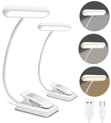 LQWELL® Leselampe Buch Klemme, wiederaufladbare USB-Leselampe, 3 Farbtemperaturen, 10 Helligkeitsstufen mit 12LEDs, 360° flexibles Buchlicht für Kinder und Buchliebhaber (Weiß, 2 Stück)